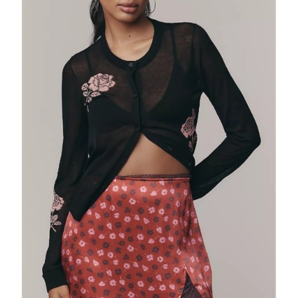 MAEVE Semi-Sheer Floral Cardigan Sweater Black Women Size Small Knit Button-Up